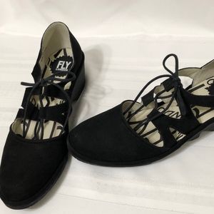 FLY London Black Suede Lace-up Wedge - Phis